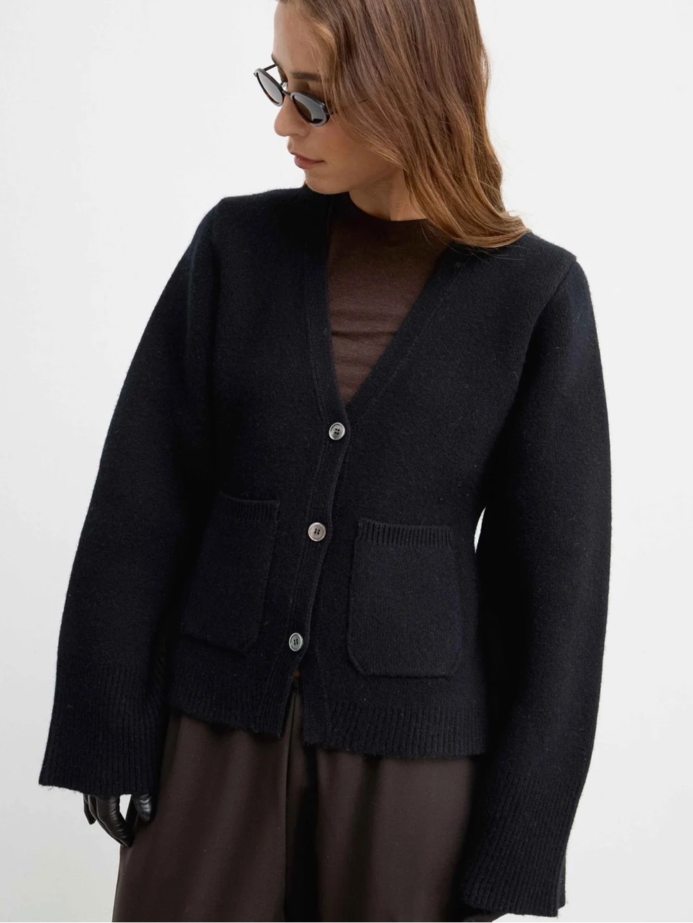 Almina Concept Black V-Neck Button Cardigan Sweater